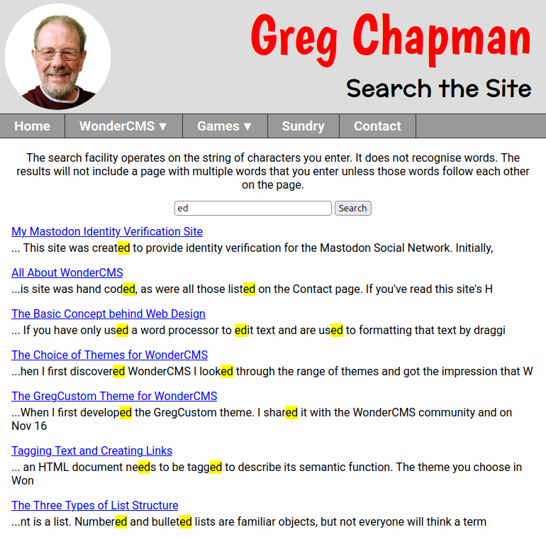 search results via the built-in code